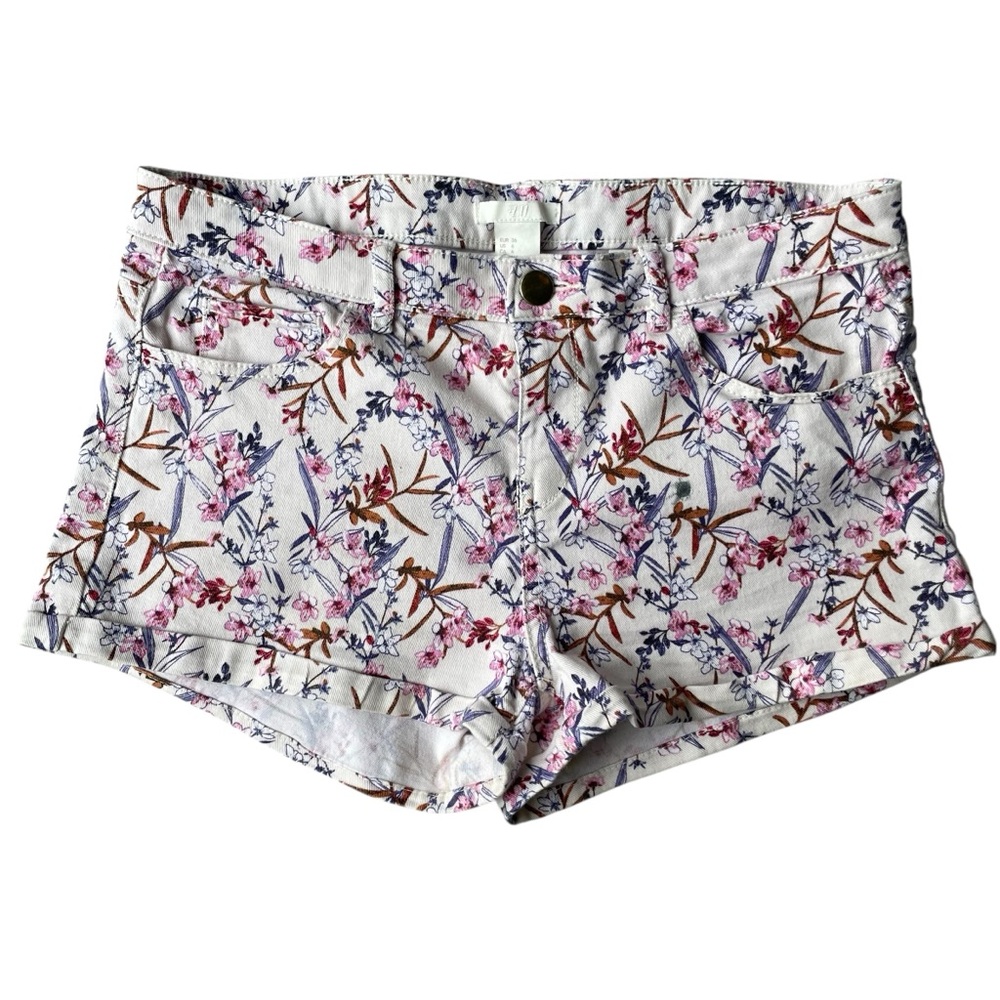 H&M Floral Denim Shorts Cuffed Size US 6 Pink Floral